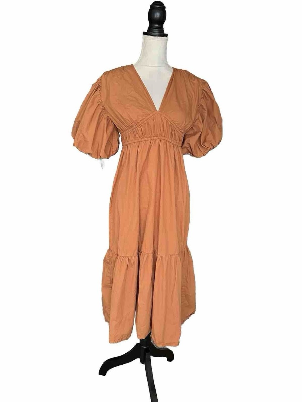 Jessica Simpson Puff Sleeve V-Neck Midi Dress in Rust